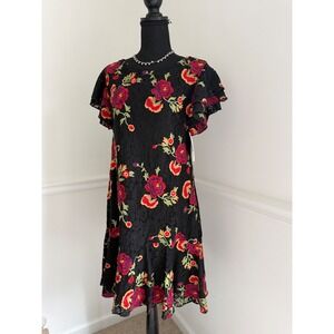 NEW Eva Franco Boho Romantic Black Lace Dress Vibrant‎ Floral Embroidery  size M